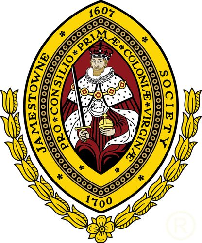 The seal of the Jamestowne Society: a crowned king holding a sword and orb within an oval bearing the motto Pro Consilio et Coloniae Virginiae, flanked by sheaves of wheat, dated 1607 and 1700.